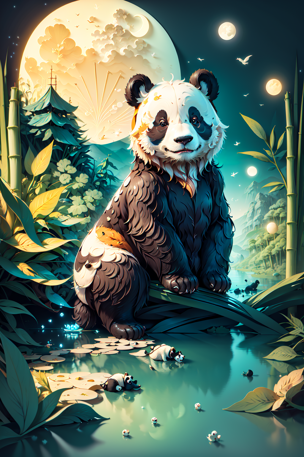 02276-1132706695-(((masterpiece))),bestquality,illustration,beautifuldetailedglow,paper_cut,,(Panda),tree,moon,rendered eyes,(Bamboo),river,.png